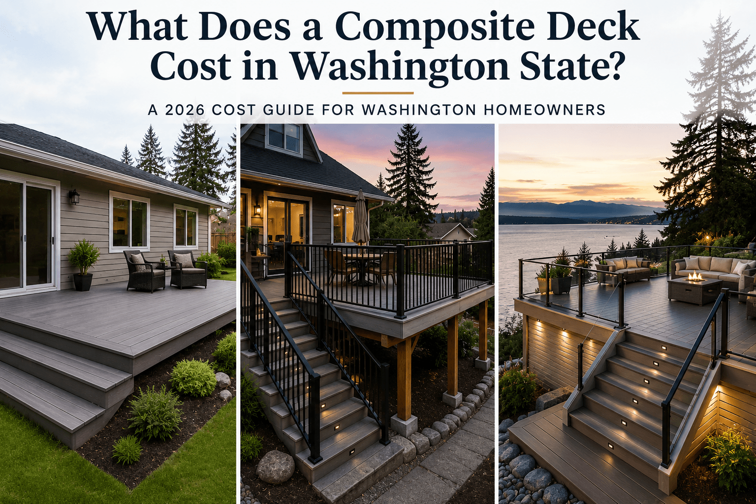 Composite deck cost guide showing examples of ground-level, elevated, and premium waterfront composite decks in Washington State.
