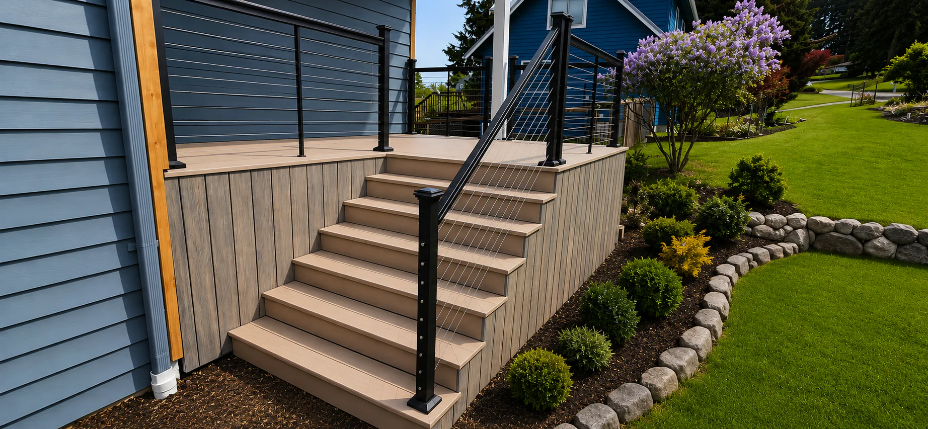 Custom composite front porch with black cable railing, picture-framed stairs, and vertical composite skirting installed by Prestige Home Services in Oak Harbor, Washington.